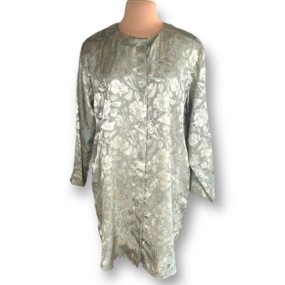 Vintage Night Gown Pastel Green Embossed Floral Detail Satin Sleep Shirt Large - Picture 11 of 11